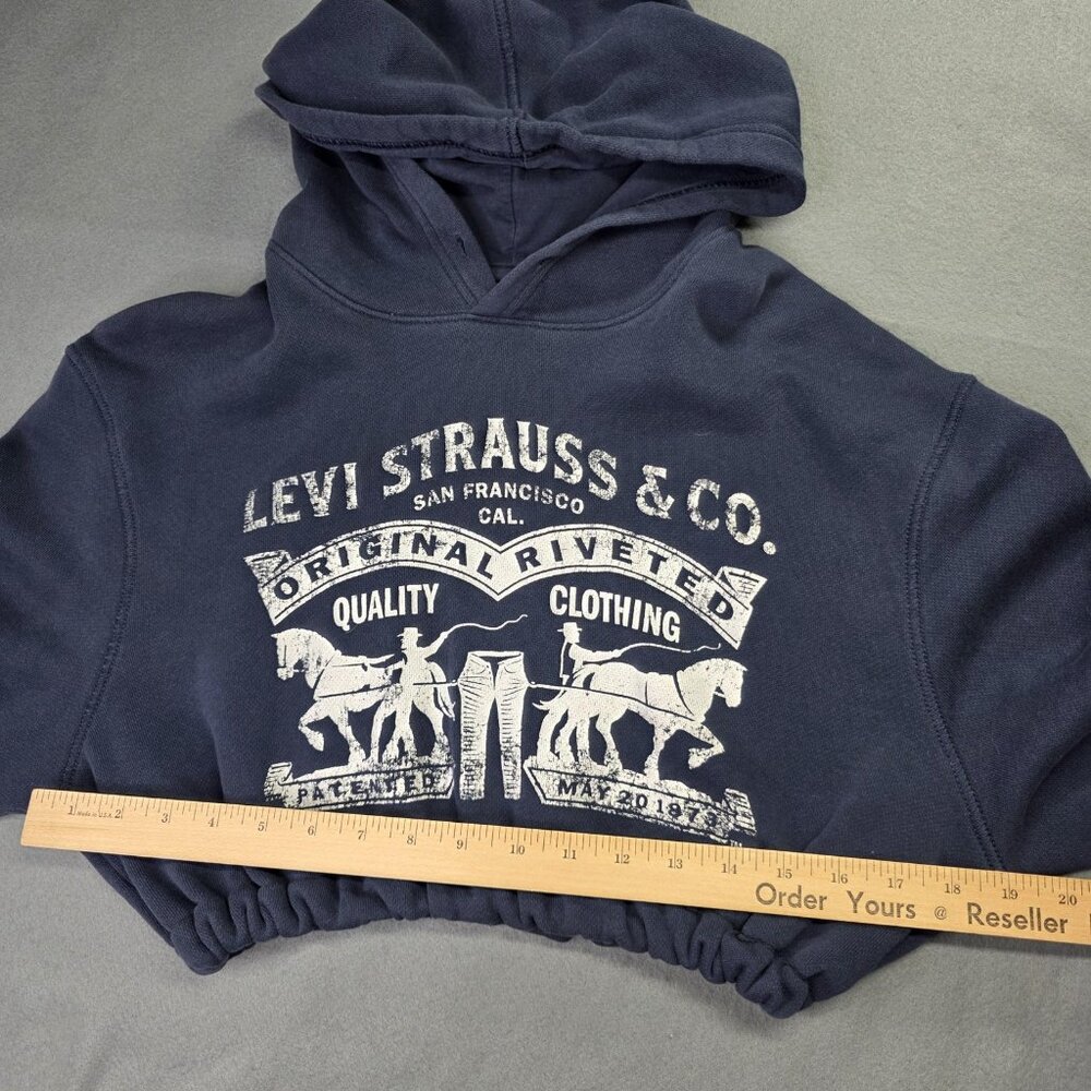 Levis Hoodie Womens Large Navy Blue Cropped Pullover Logo Sweatshirt Hipster - Picture 6 of 8